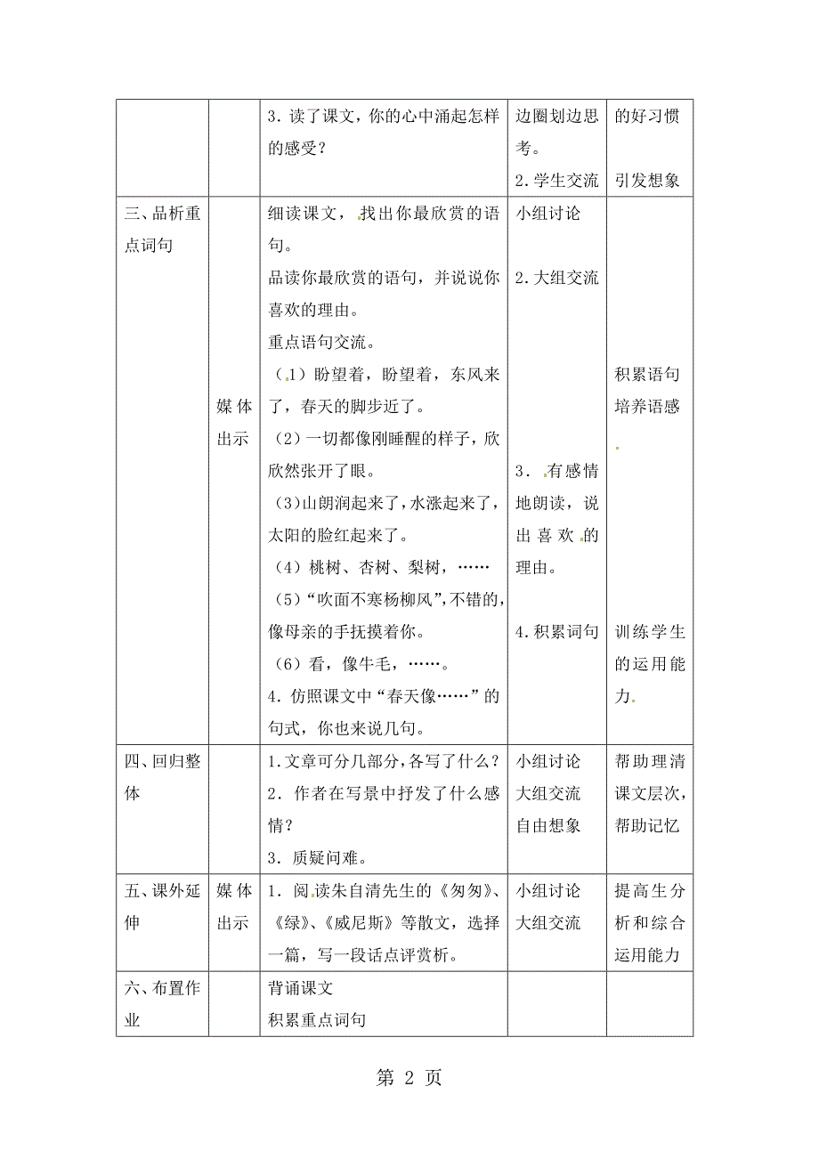 六年级下册语文教案1.春沪教版_第2页