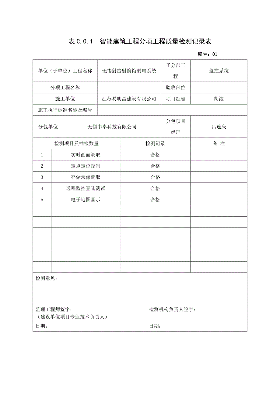 表c.0.1  智能建筑工程分项工程质量检测记录表_第1页