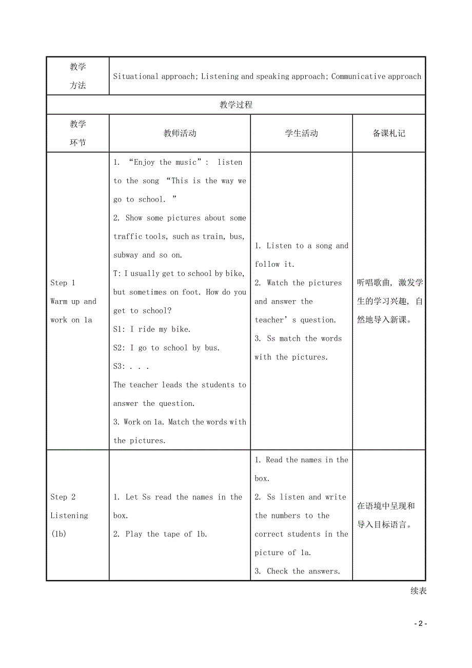 2019版七年级英语下册 unit 3 how do you get to school教案 （新版）人教新目标版_第2页