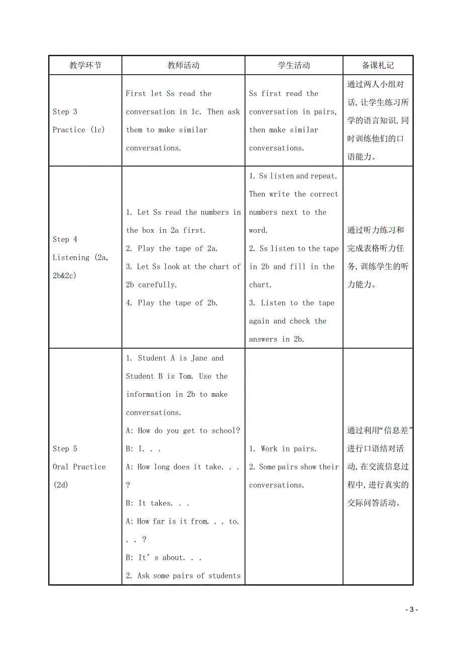 2019版七年级英语下册 unit 3 how do you get to school教案 （新版）人教新目标版_第3页