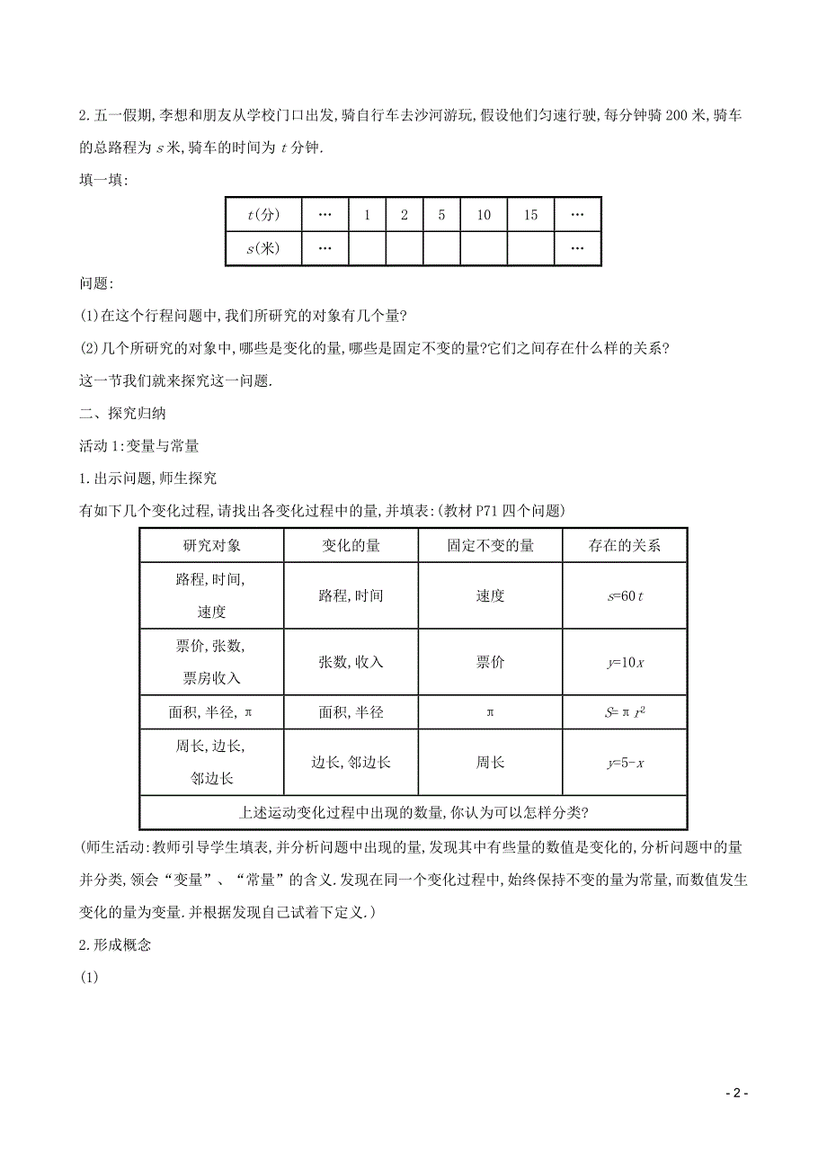 2019版八年级数学下册 第十九章 一次函数 19.1 变量与函数 19.1.1 变量与函数教案 （新版）新人教版_第2页