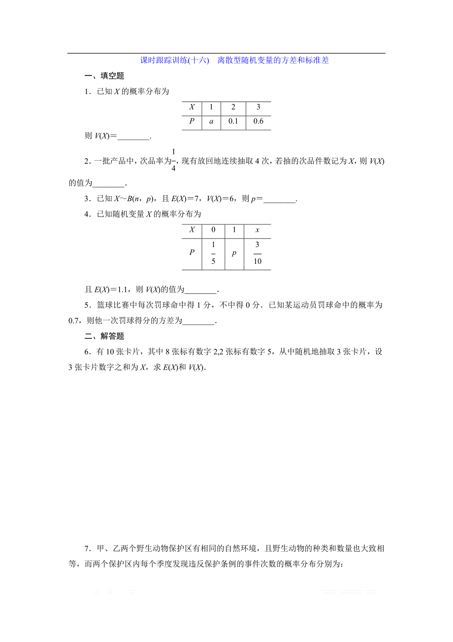 2017-2018学年高中数学苏教版选修2-3：课时跟踪训练（十六）　离散型随机变量的方差和标准差 _第1页