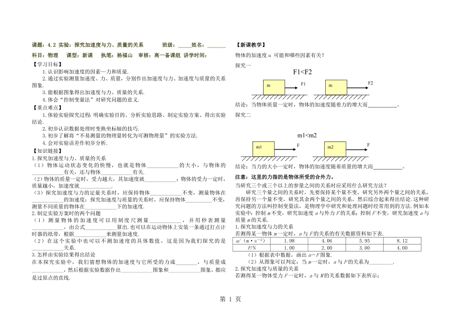 人教版高一物理必修一第四章实验：探究加速度与力、质量的关系（无答案）_第1页