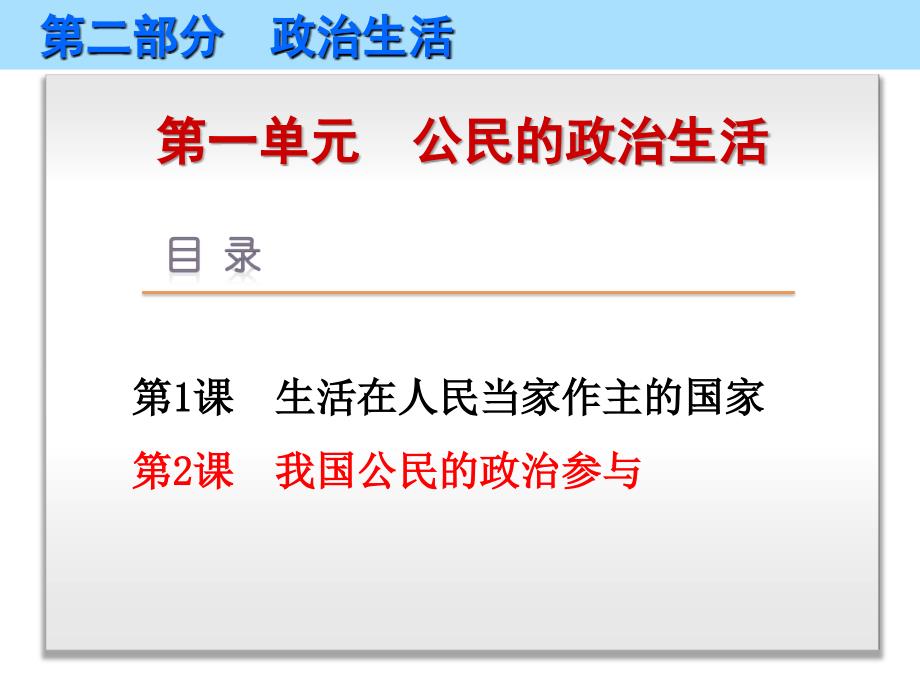 2019高考政治（艺考生文化课）冲刺点金 政治生活 第2课 我国公民的政治参与课件 新人教版必修2_第1页