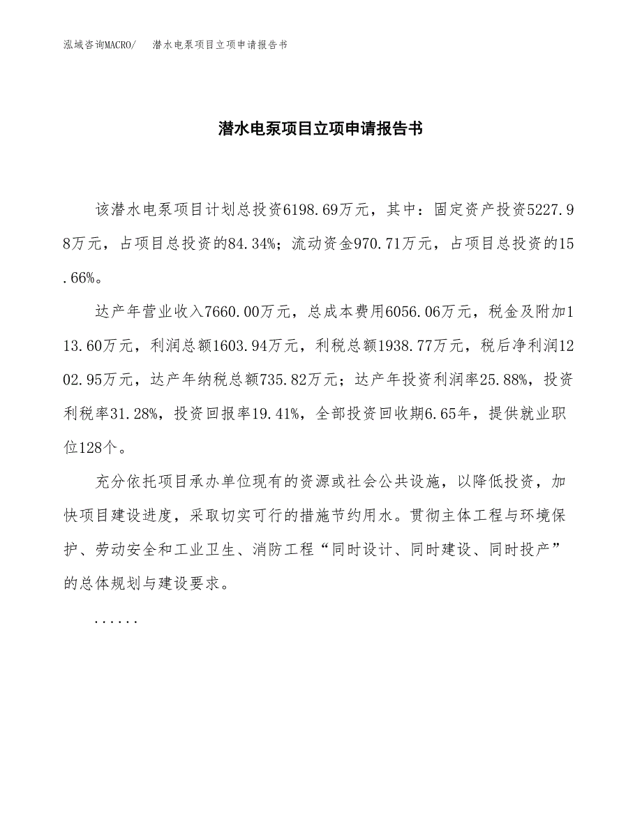 潜水电泵项目立项申请报告书（总投资6000万元）_第2页