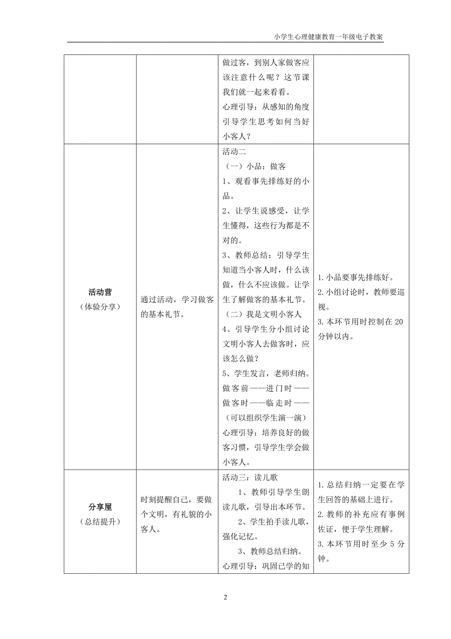 《心理健康》一年级 第十五课 有礼貌的小客人 教师用书_第2页