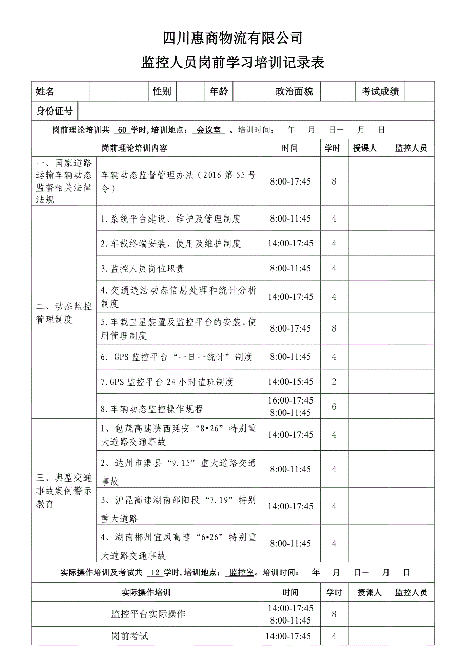 监控人员岗前学习培训记录表_第1页