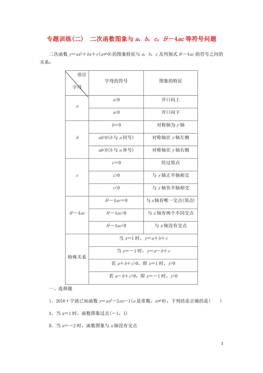 2018年秋九年级数学上册 第1章 二次函数 专题训练（二）二次函数图象与a，b，c，b2－4ac等符号问题同步练习 （新版）浙教版_第1页