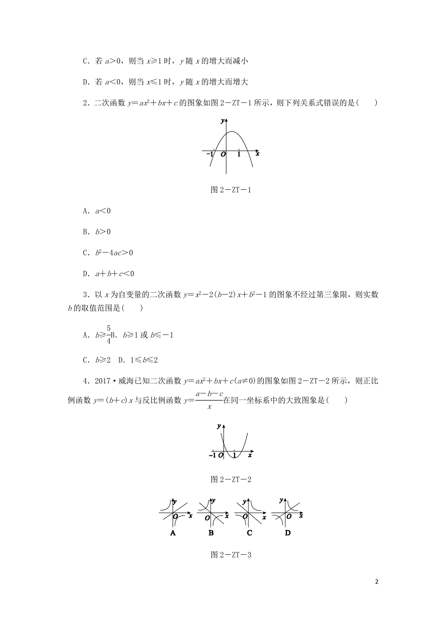 2018年秋九年级数学上册 第1章 二次函数 专题训练（二）二次函数图象与a，b，c，b2－4ac等符号问题同步练习 （新版）浙教版_第2页