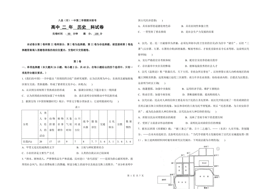 精校word版---福建省福州市八县一中第二学期期末联考高二历史试卷_第1页