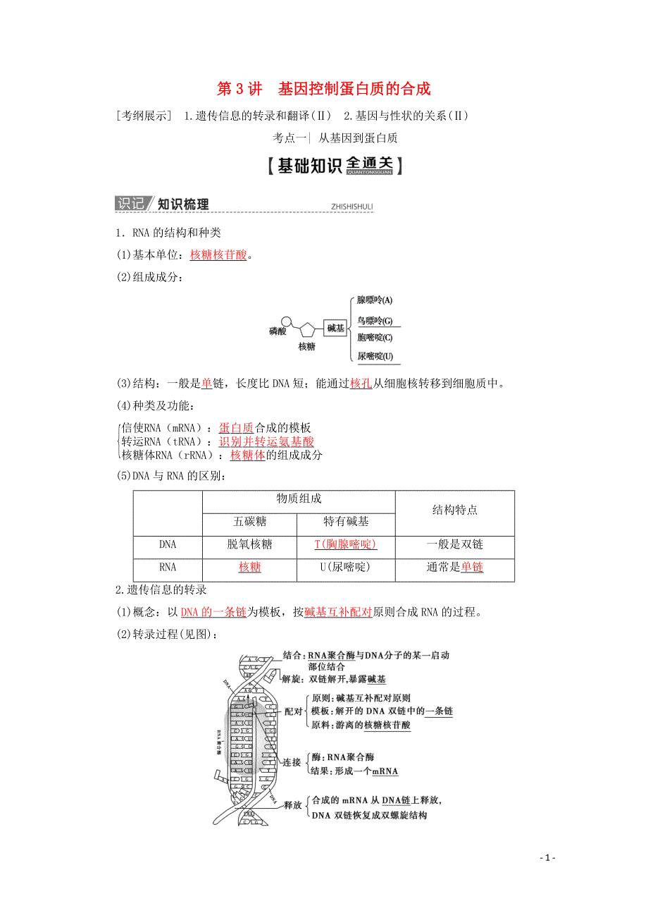 2020版高考生物一轮复习 第6单元 第3讲 基因控制蛋白质的合成教学案 苏教版必修2_第1页