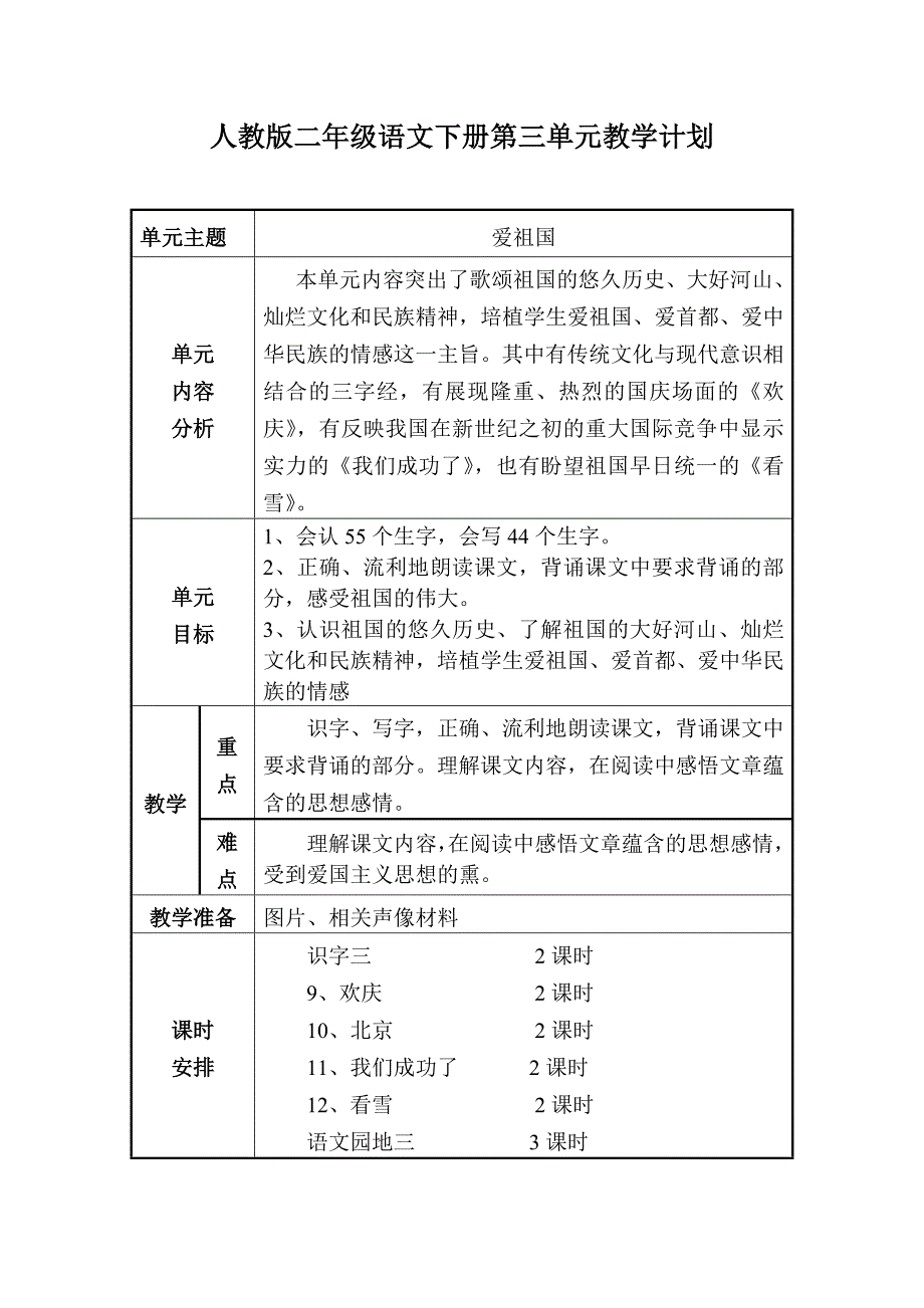 人教版小学二年级语文上册单元计划_第3页