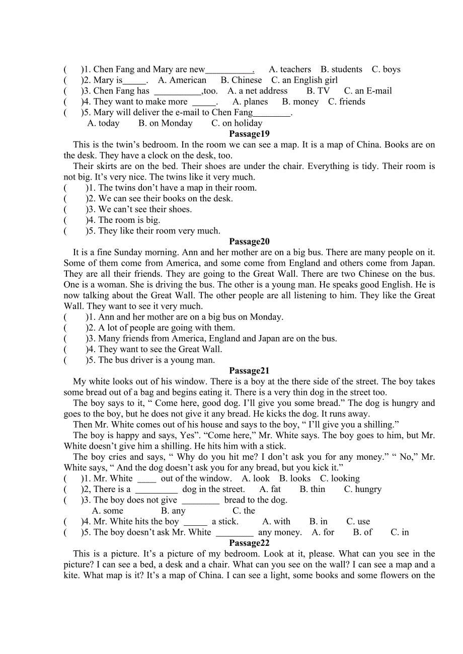 pep小学五年级英语阅读理解专题训练卷(一)_第5页