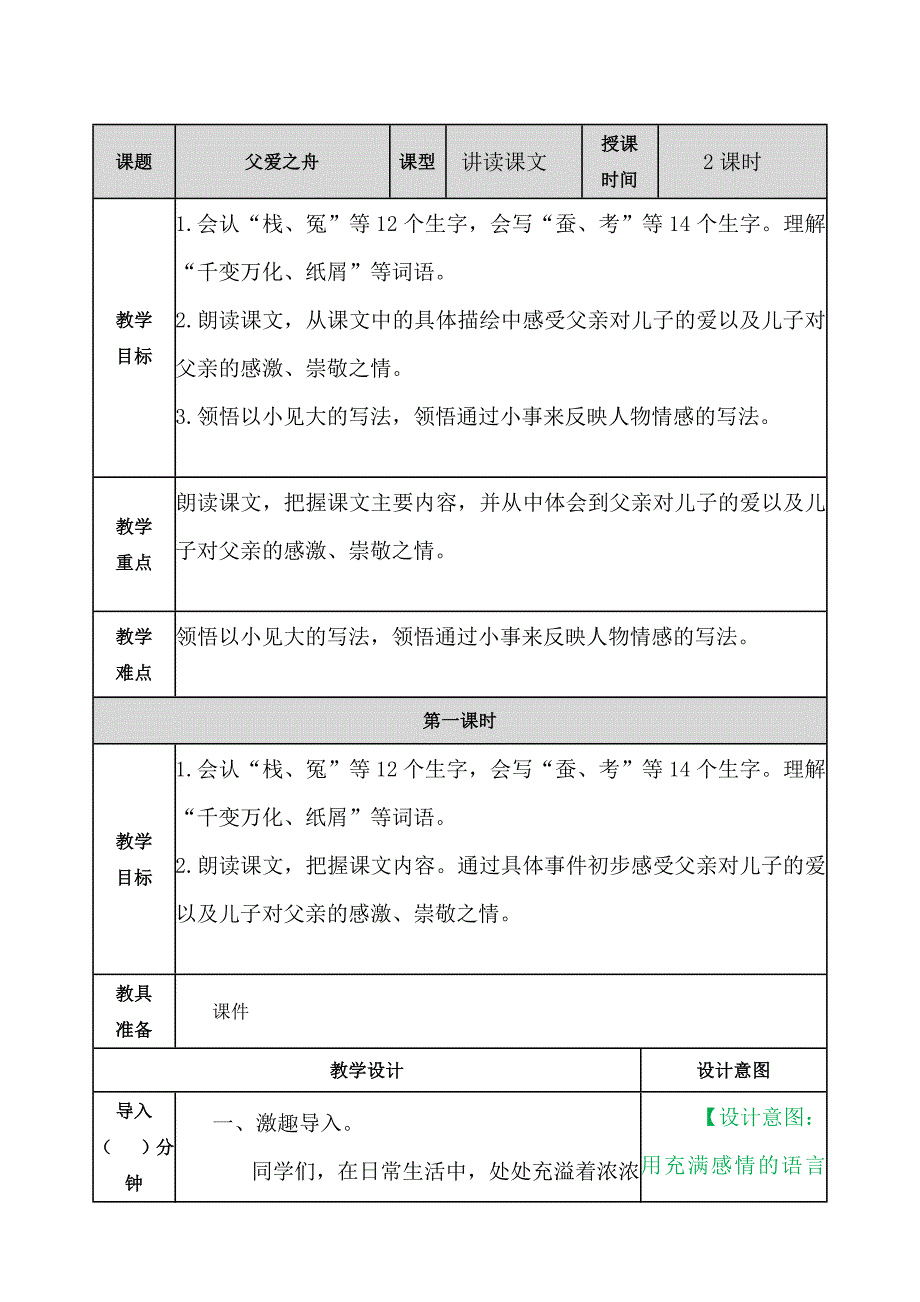 部编人教新版五年级语文上册-19父爱之舟 教案带教学反思_第1页