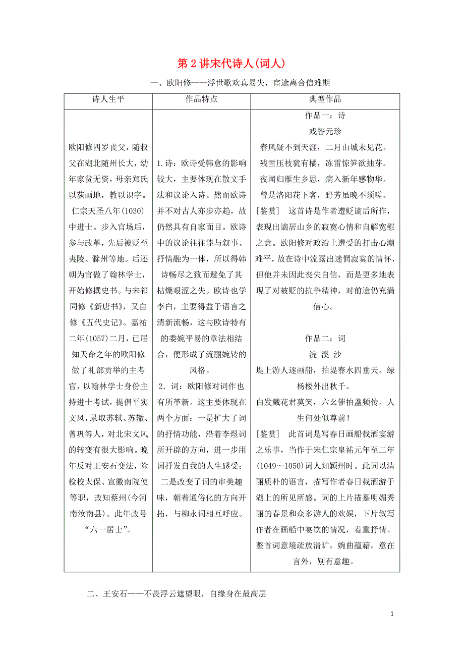 （通用版）2020高考语文一轮复习 专题二 古诗歌阅读 第一步 第2讲 宋代诗人（词人）讲义_第1页