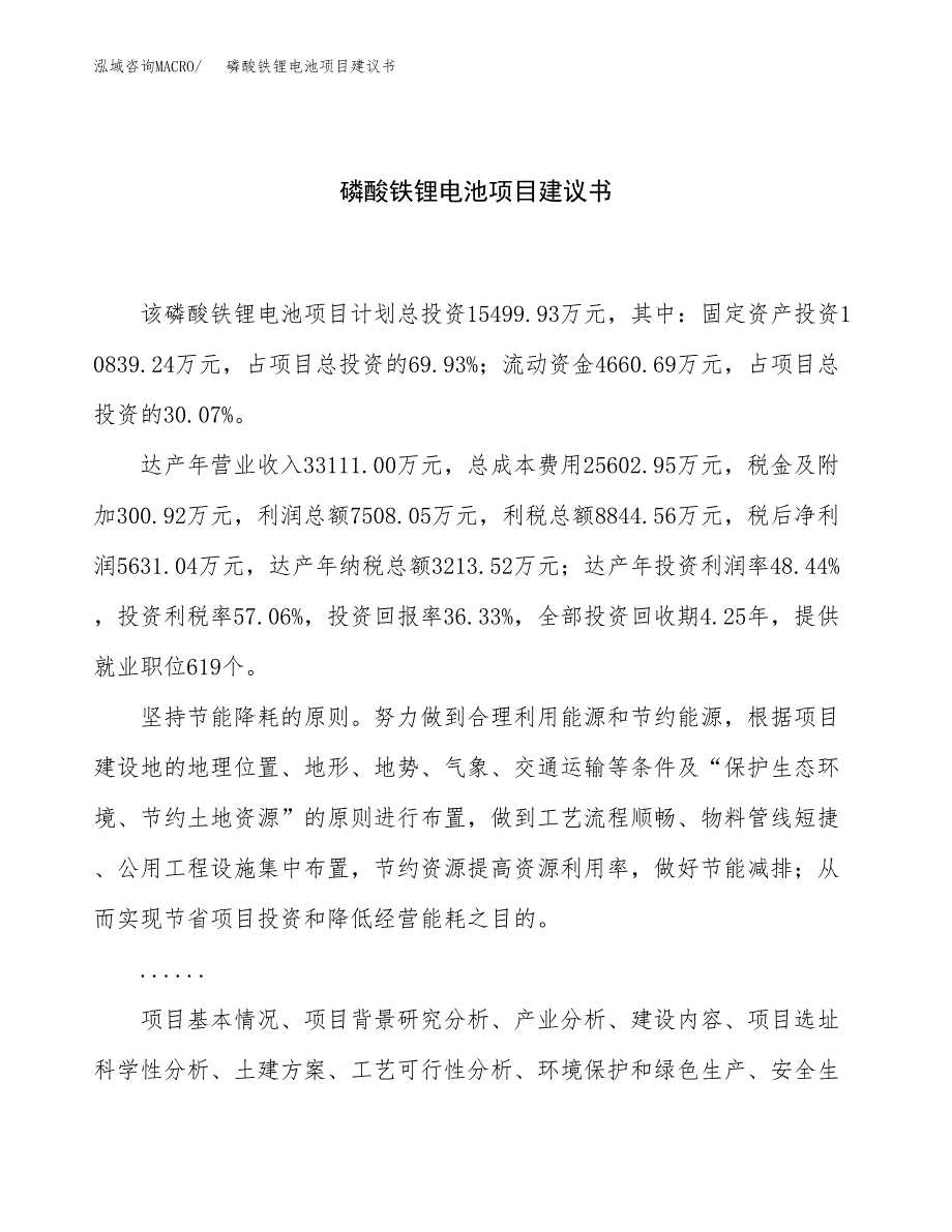 磷酸铁锂电池项目建议书（总投资15000万元）.docx_第1页