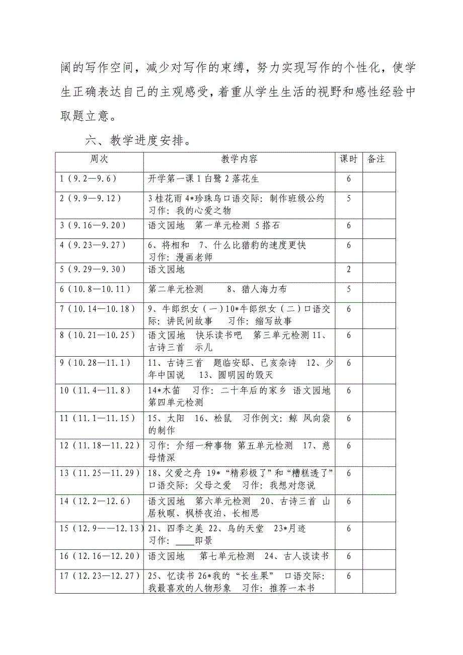 2019新人教版部编本五年级上册语文教学工作计划含教学进度表 (11)_第4页