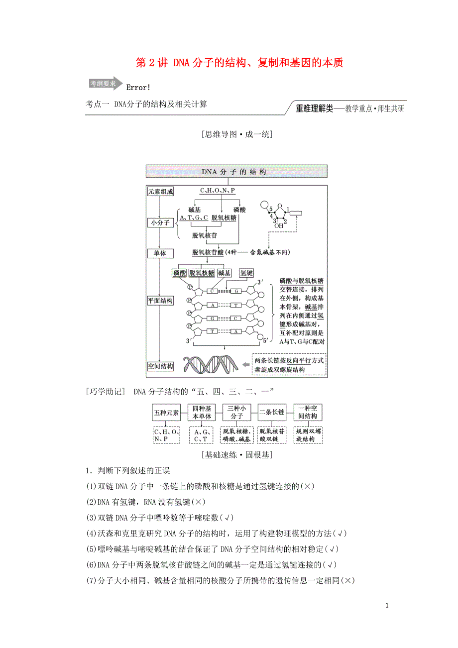 （江苏专版）2020版高考生物一轮复习 第二单元 第2讲 dna分子的结构、复制和基因的本质讲义（含解析）（必修2）_第1页