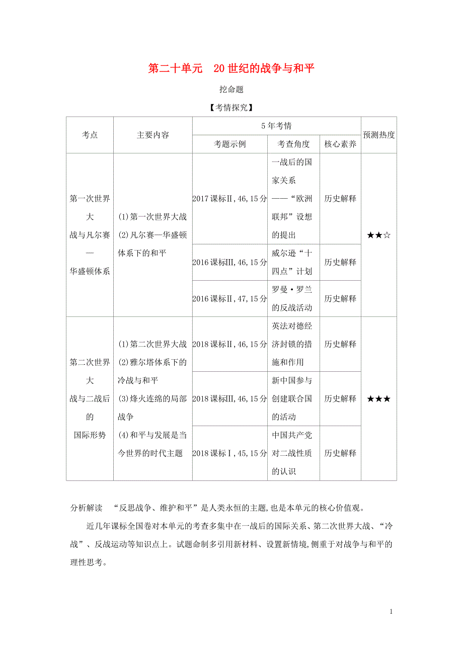 （课标版 5年高考3年模拟a版）2020年高考历史总复习 第二十单元 20世纪的战争与和平学案（含解析）_第1页