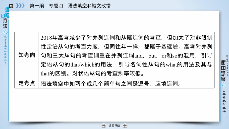 2019高考英语二轮复习 600分策略 专题4 语法填空和短文改错 第1讲 语法必备 重点4 经常考查的并列句和三大从句课件_第2页