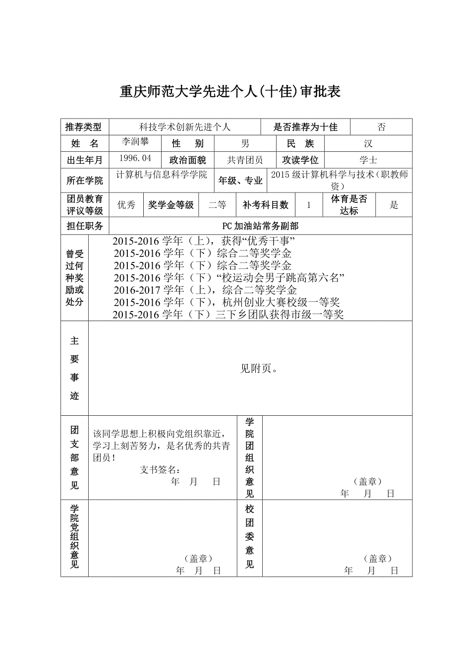 科技学术创新先进个人—李润攀_第1页