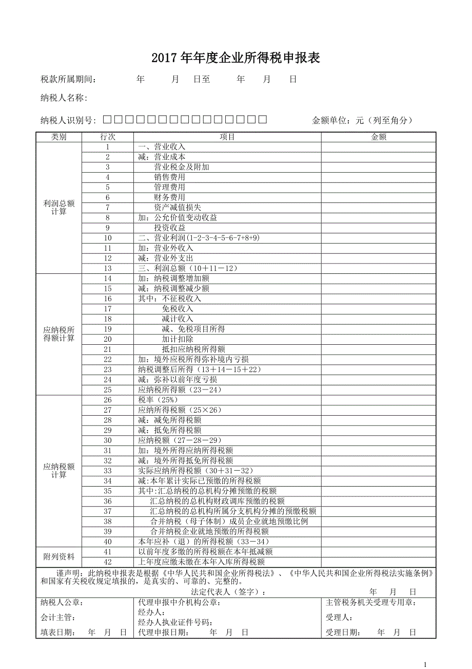 2017年企业所得税年度申报表(A类)资料_第1页