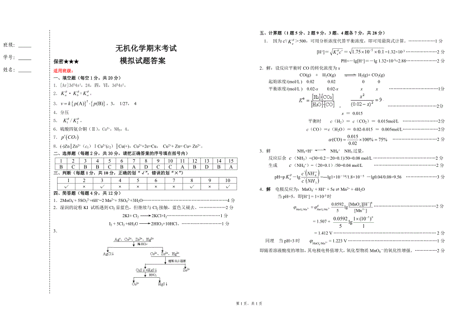 无机化学 理论篇 第二版 高职化工类 王宝仁 教学基本要求 模拟试题及答案无机化学模拟试题答案_第1页