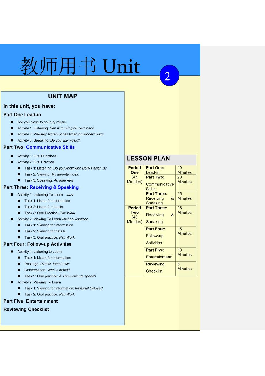 应用型大学英语视听说教程4 高等教育公共英语类 于燕华 教师用书Unit 2 Music_第1页