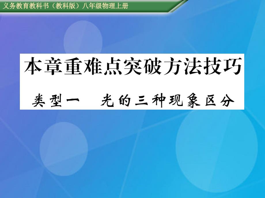 八年级物理上册_第4章 在光的世界里 重难点突破方法技巧 类型1 光的三种现象区分课件 （新版）教科版_第1页