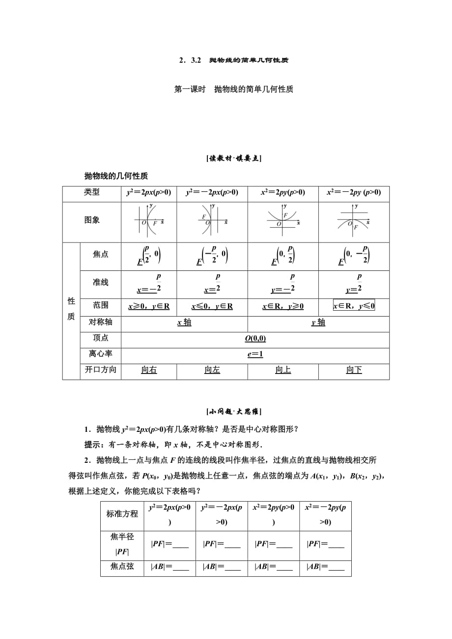 2019年数学新同步湘教版必修2第2章  2．3.2  第一课时  抛物线的简单几何性质_第1页