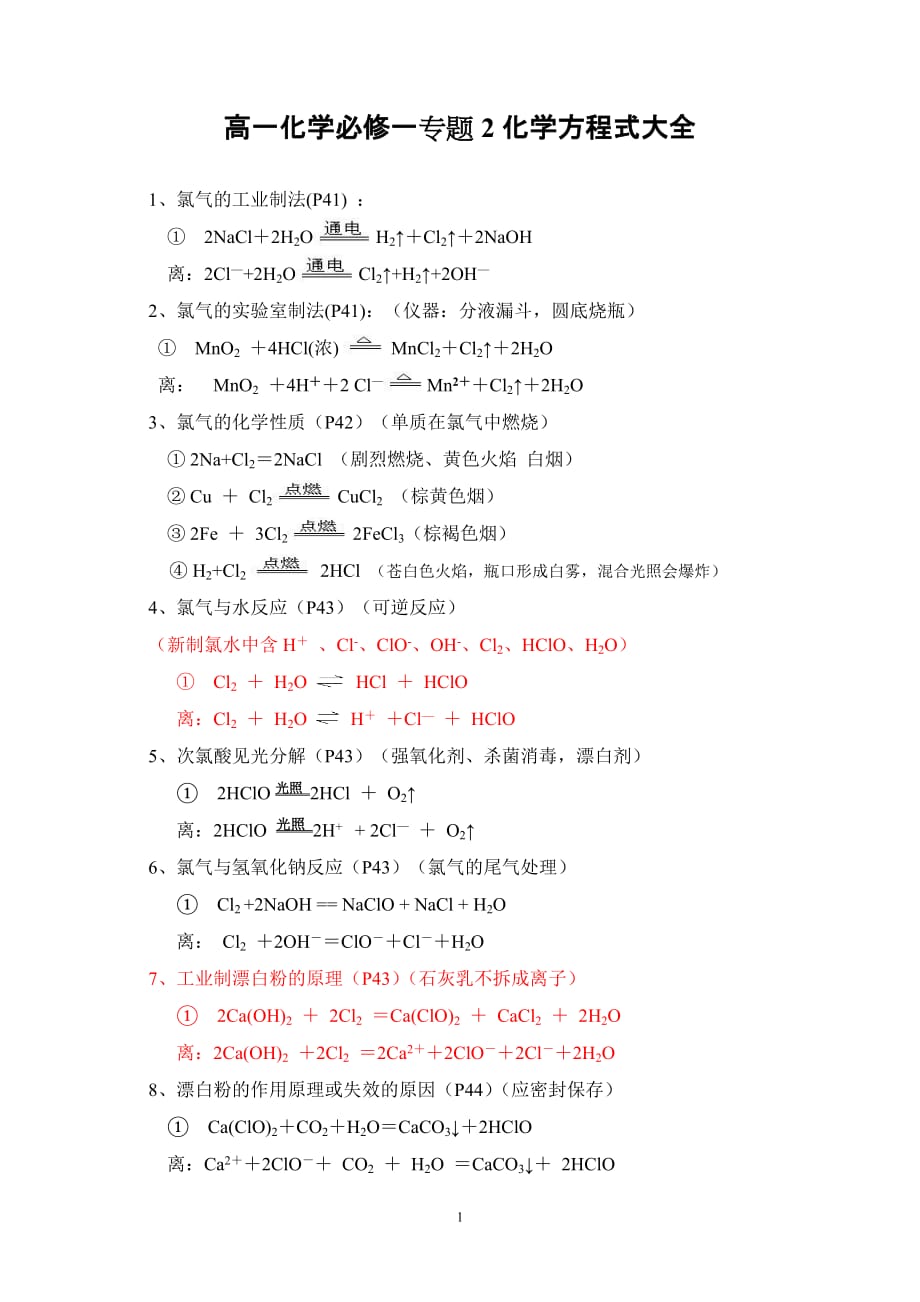 高一化学必修一专题2化学方程式大全_第1页