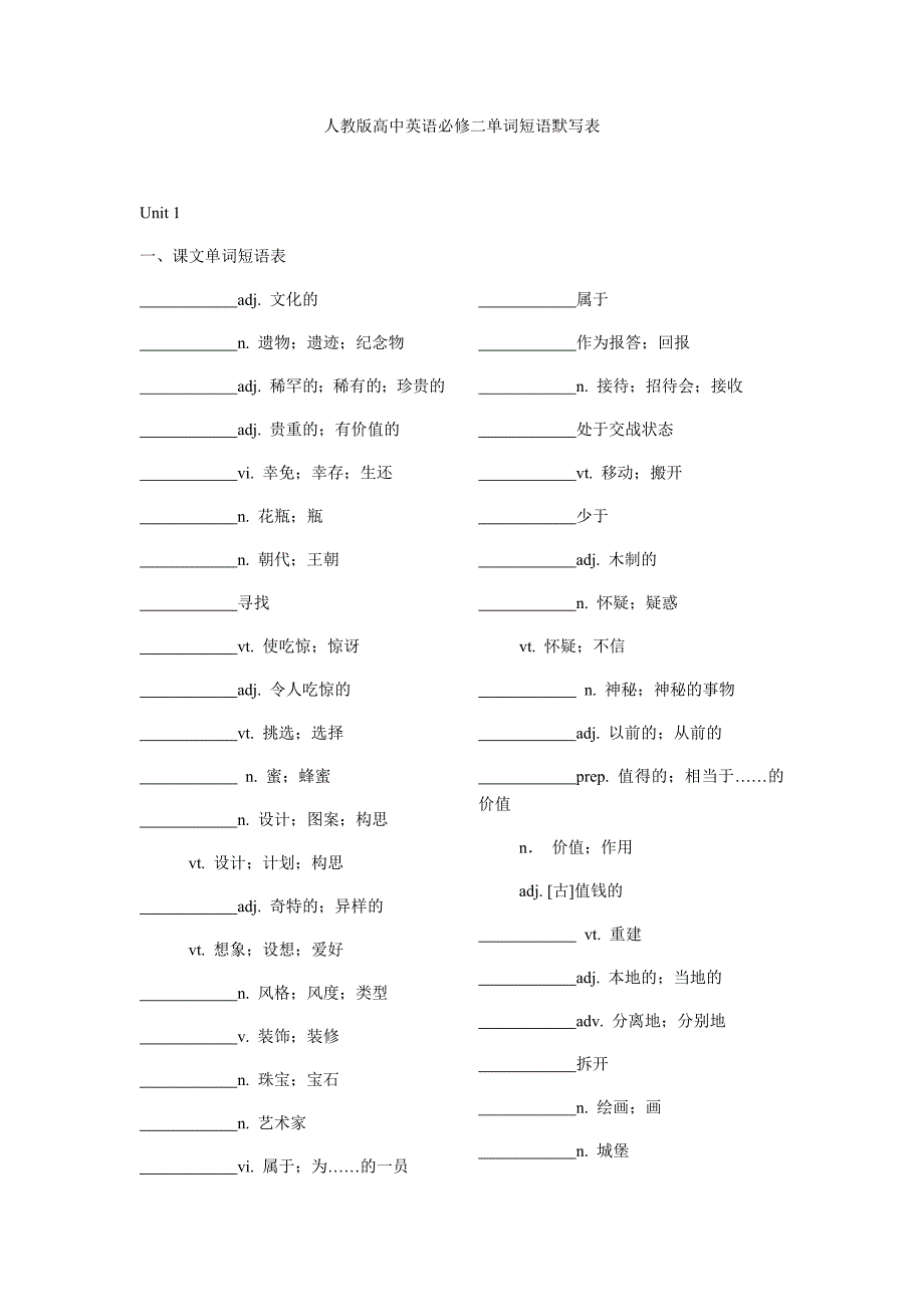人教版高中英语必修二单词短语默写表_第1页