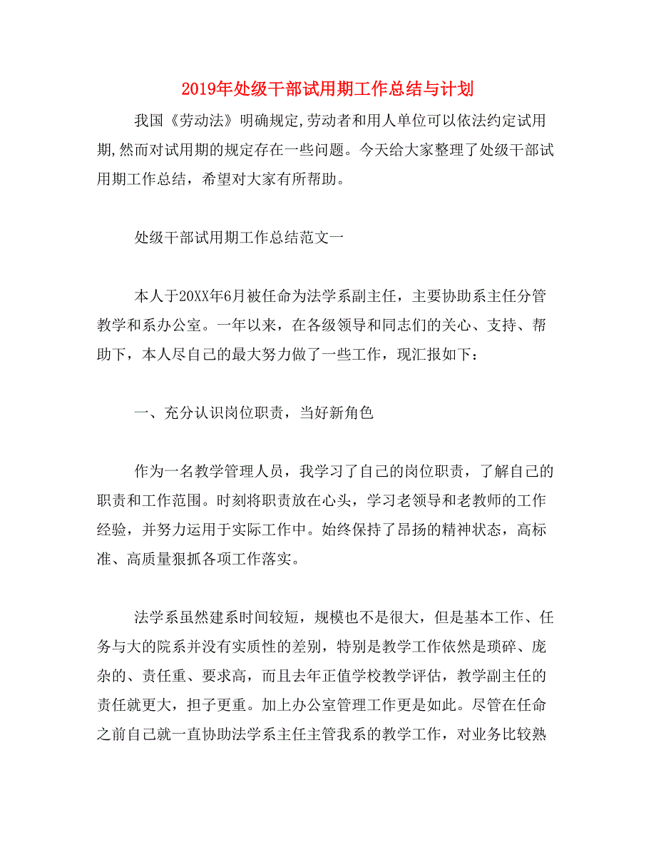 2019年处级干部试用期工作总结与计划_第1页