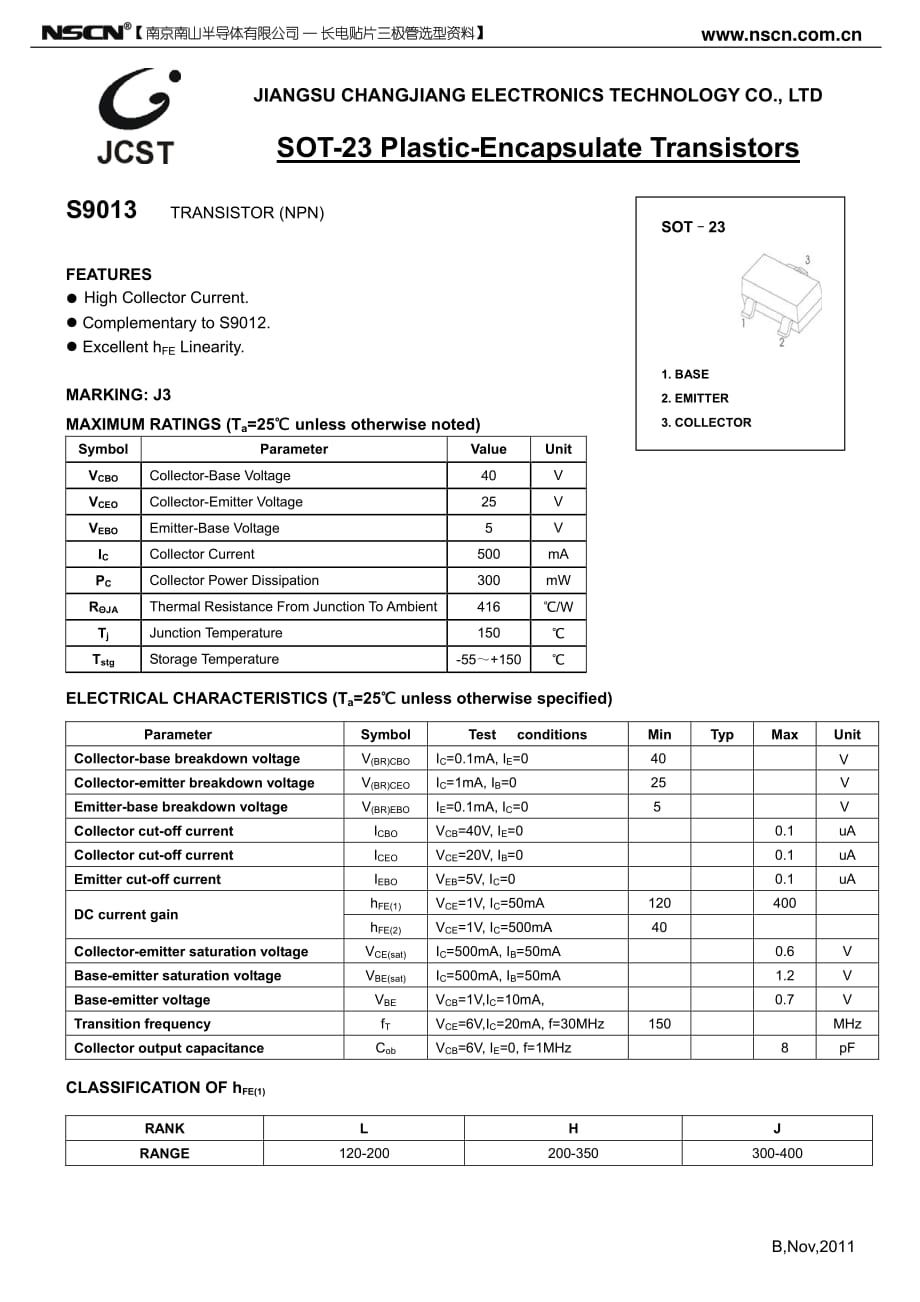 s9013三极管规格书：三极管s9013参数与封装尺寸_第1页