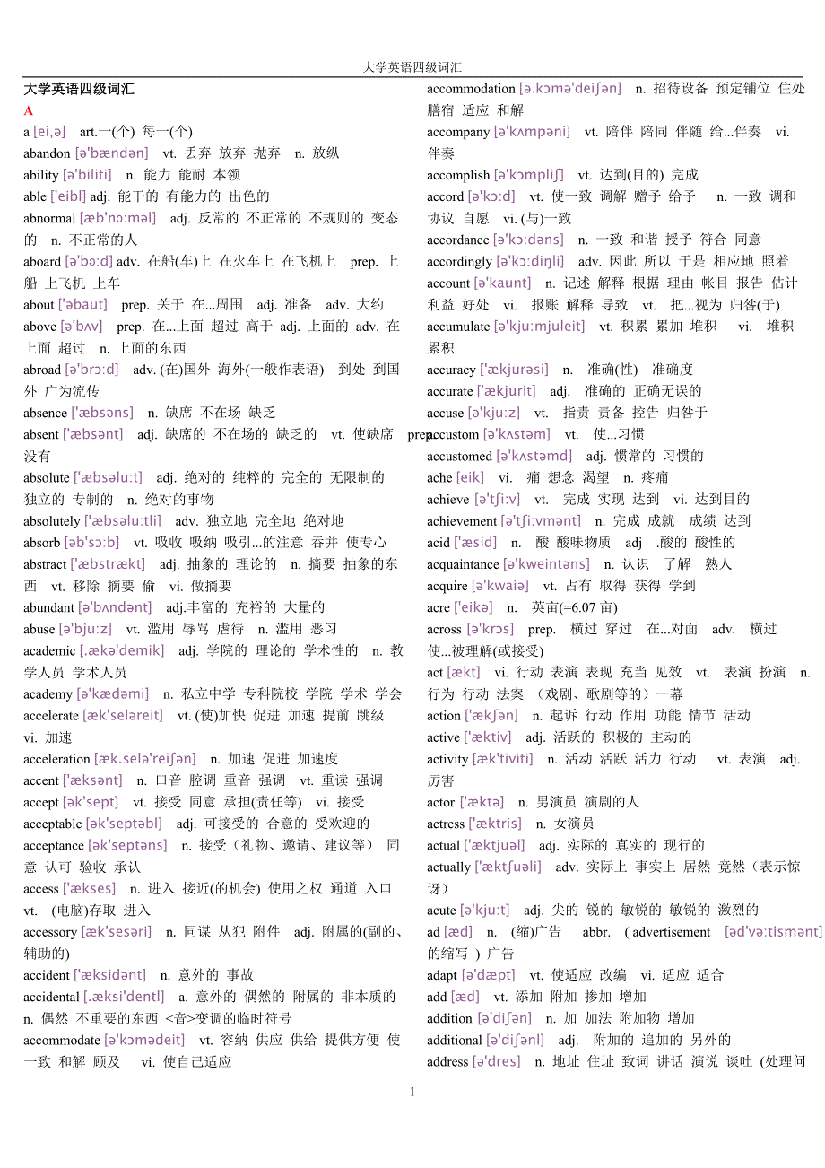 2017年大学英语四级词汇完整版带音标资料_第1页