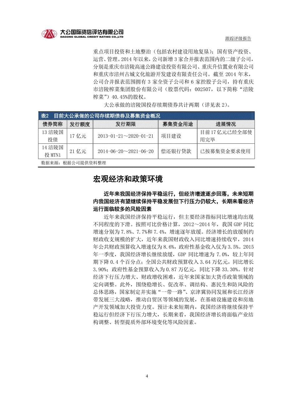 重庆市涪陵国有资产投资经营集团有限公司主体与相关债项2015年度跟踪评级报告_第5页