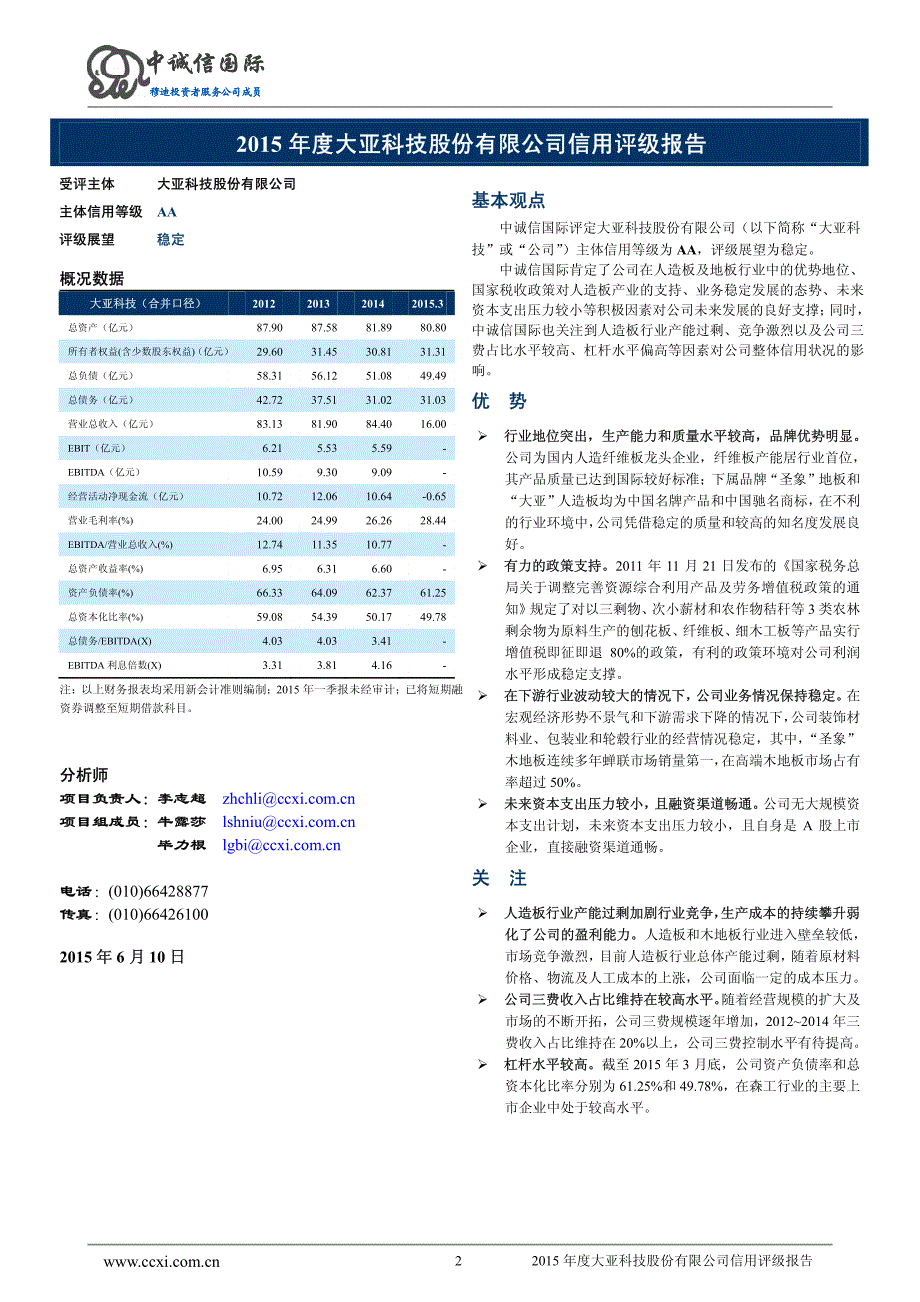 大亚科技股份有限公司主体信用评级报告及跟踪评级安排_第2页