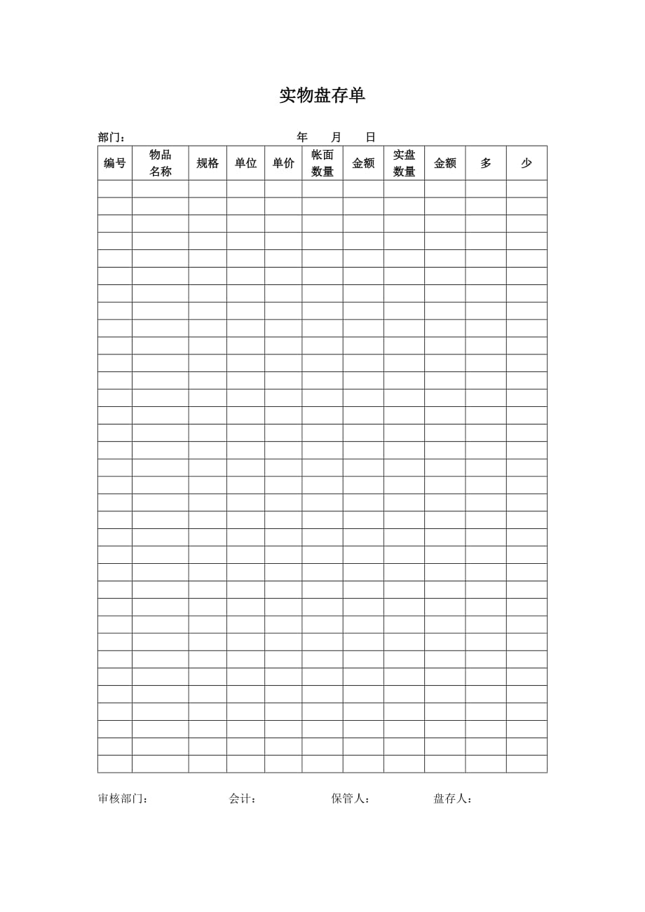 培训学校财务常用表格-实物盘存单_第1页