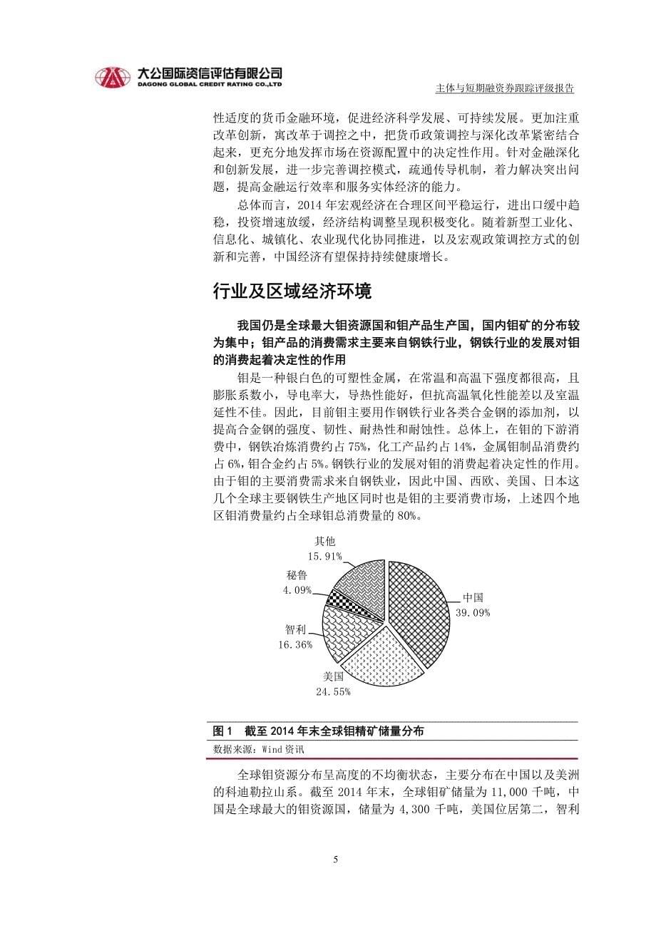 锦州新华龙钼业股份有限公司主体与2014年度第二期短期融资券跟踪评级报告_第5页