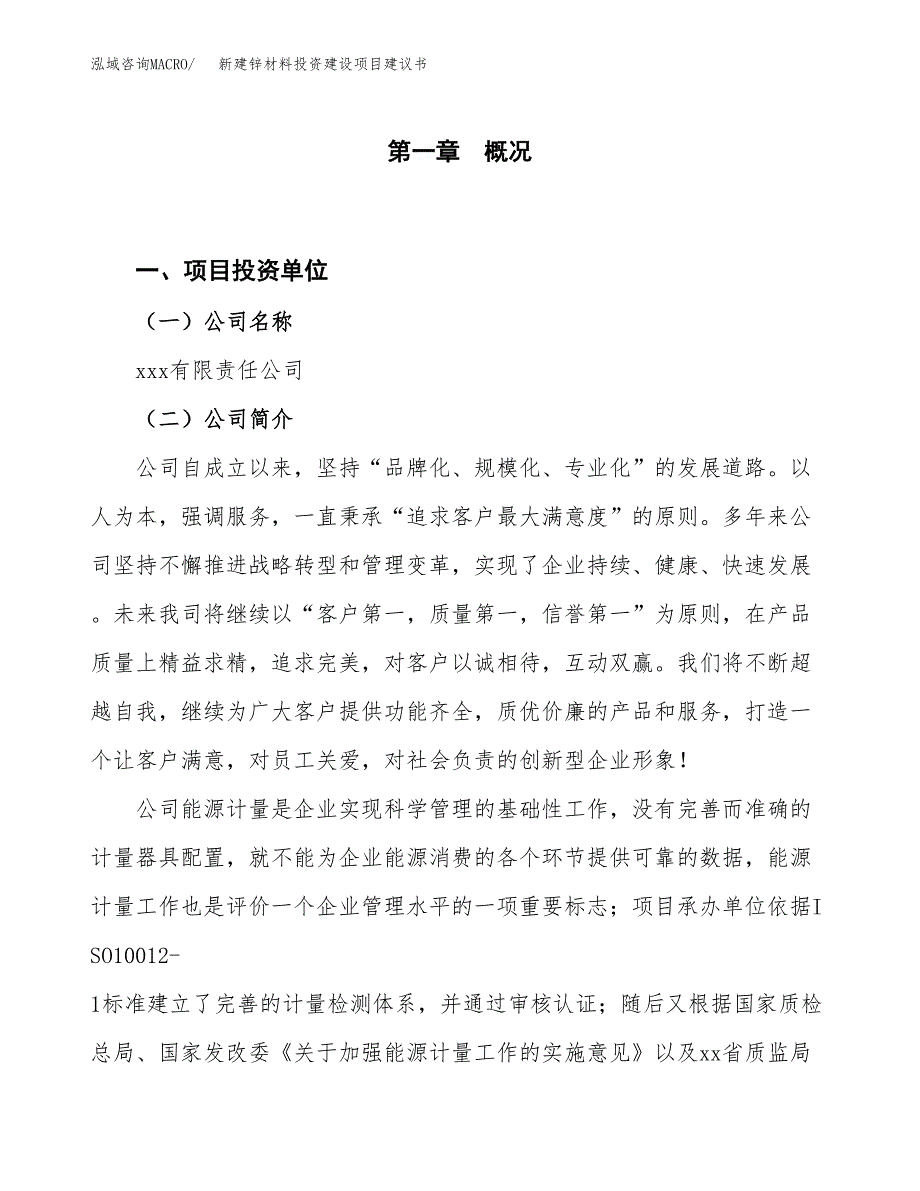 新建锌材料投资建设项目建议书参考模板.docx_第1页