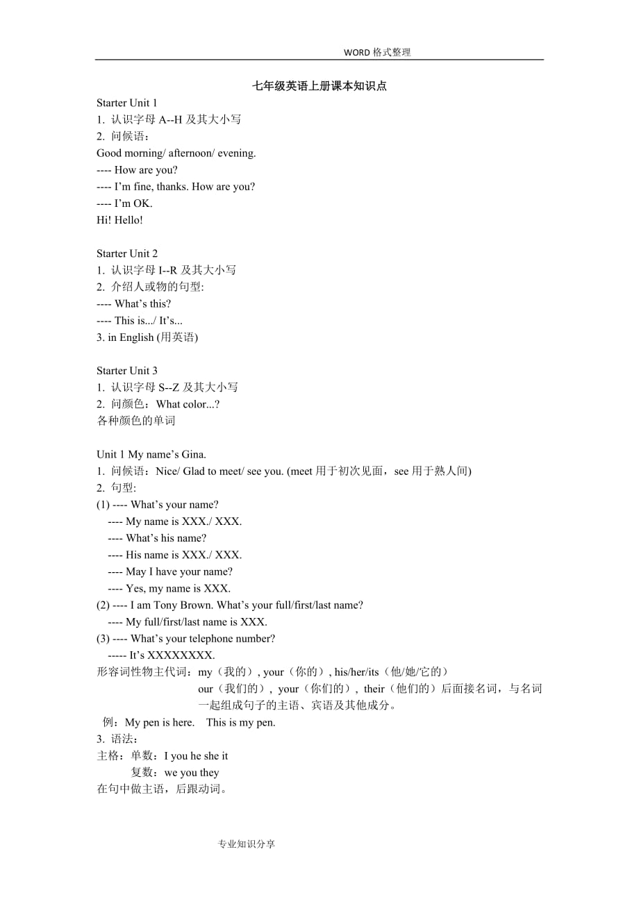 七年级英语(上册)课本知识点_第1页