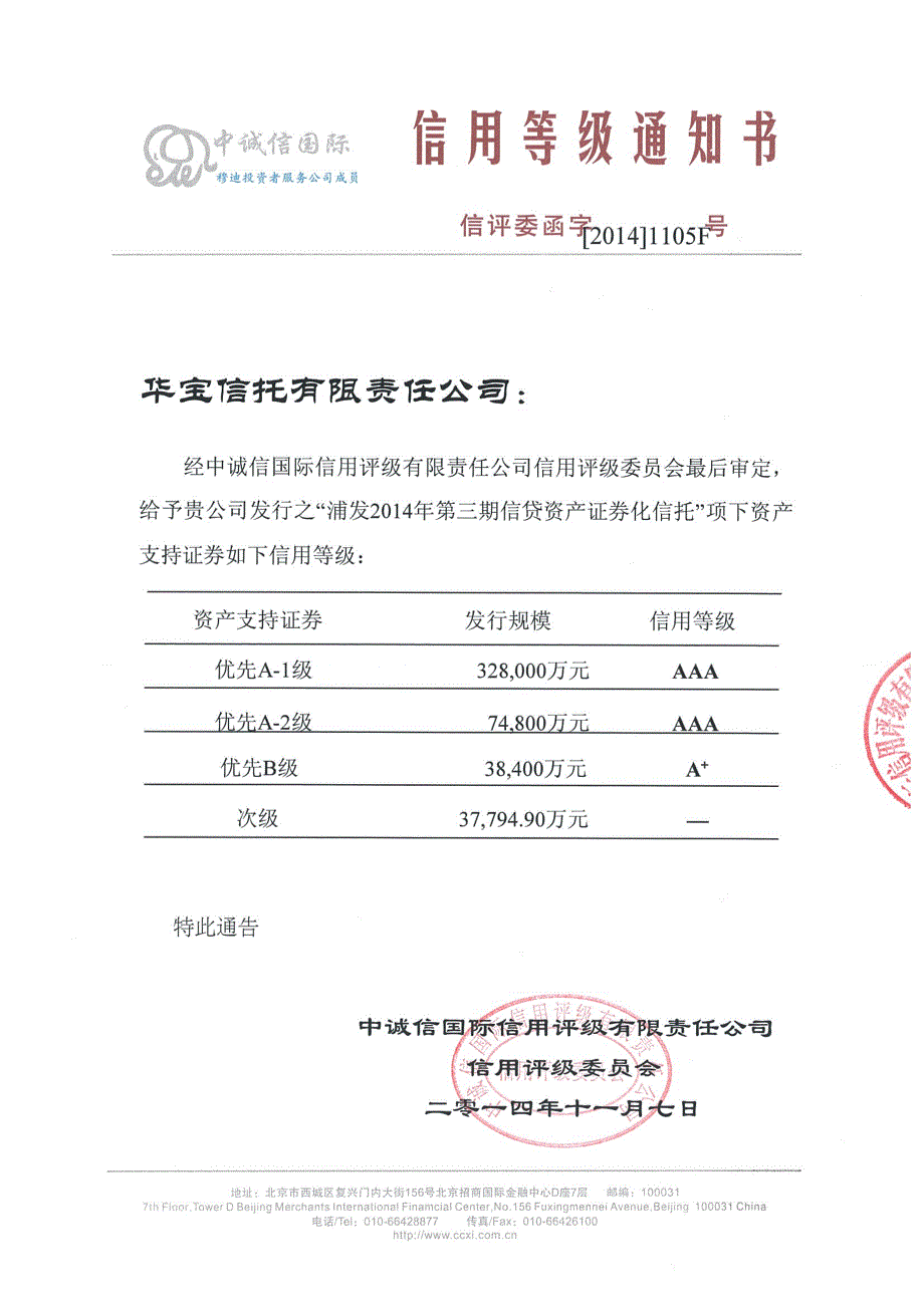 （中诚信）浦发2014年第三期信贷资产证券化信托资产支持证券信用评级报告-确认报告_第1页