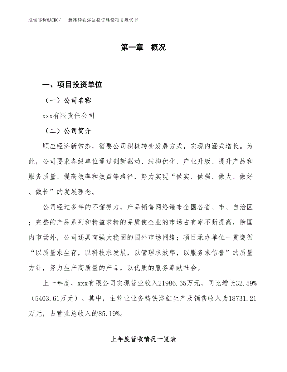 新建铸铁浴缸投资建设项目建议书参考模板.docx_第1页