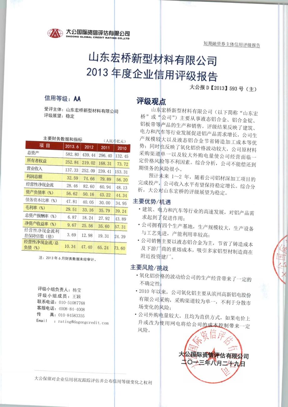 山东宏桥新型材料有限公司2013年度第二期短期融资券主体信用评级报告及跟踪评级安排_第1页