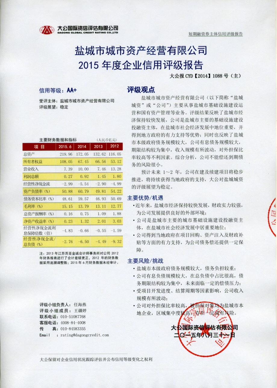 盐城市城市资产经营有限公司2015年度企业信用评级报告及跟踪评级安排_第1页