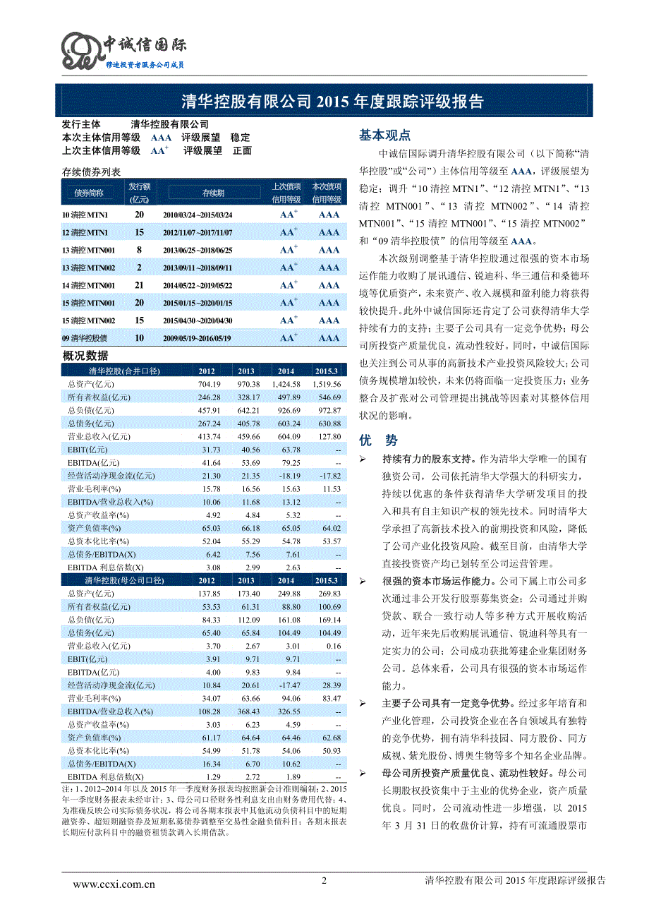 清华控股有限公司2015年度跟踪评级报告-中诚信_第2页