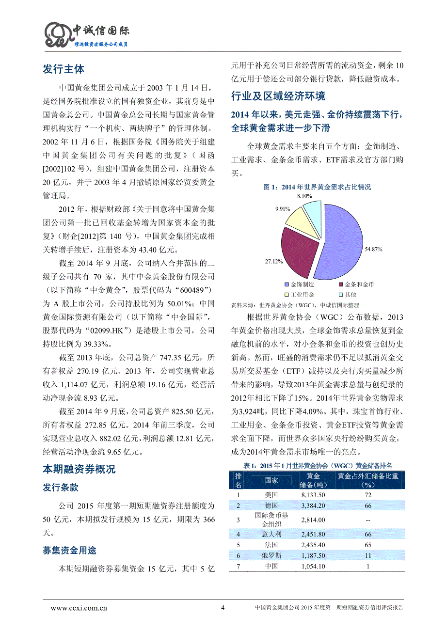 中国黄金集团公司2015年度第一期短期融资券债项信用评级报告及跟踪评级安排_第4页