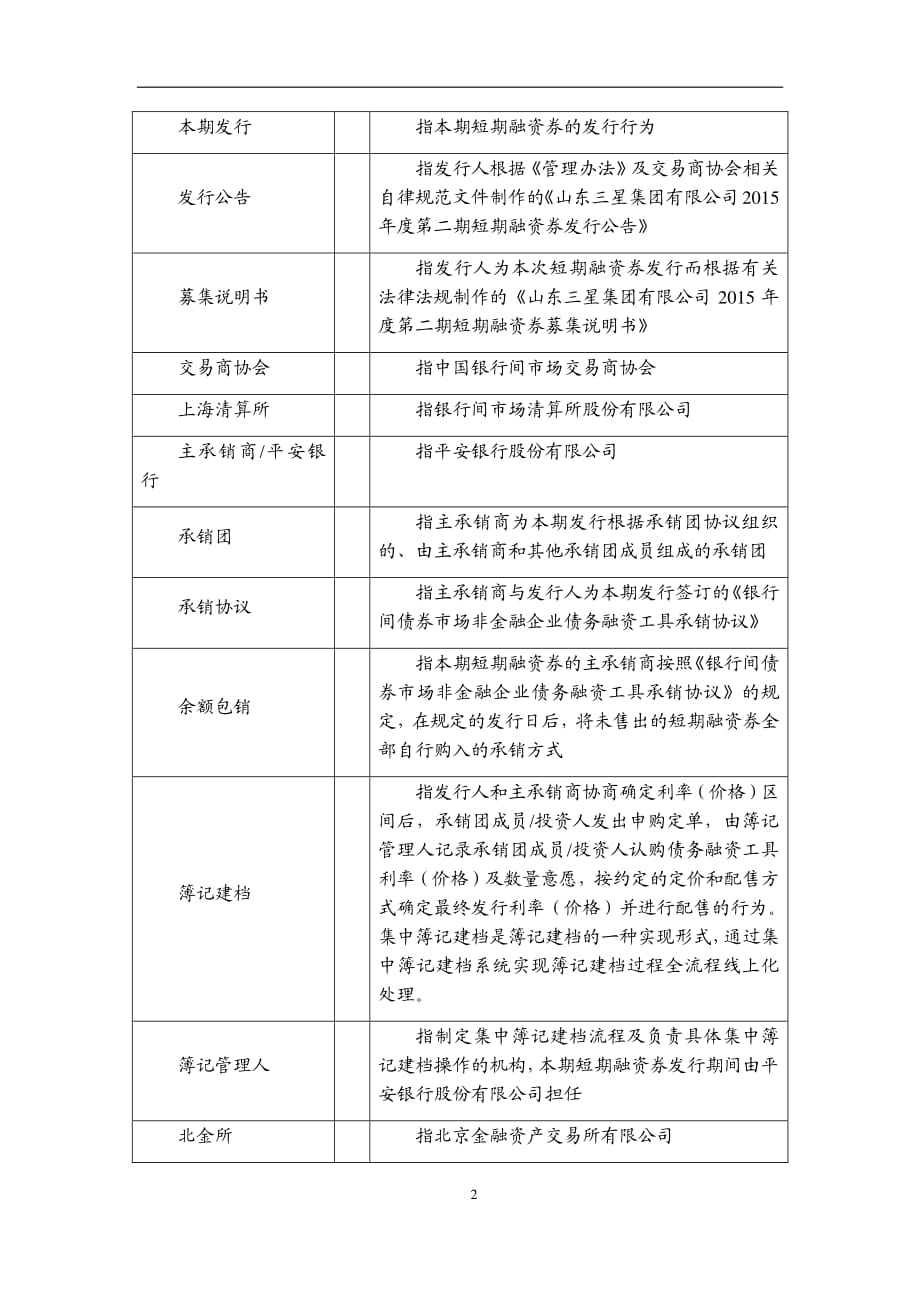 山东三星集团有限公司2015年第二期短期融资券发行公告_第2页