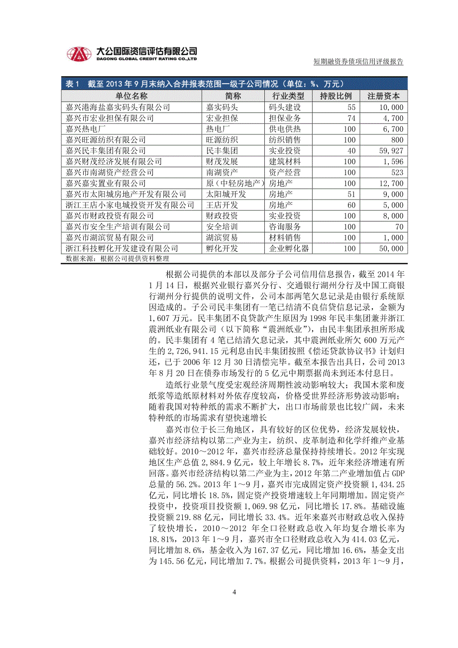 嘉兴市实业资产投资集团有限公司2014年度第一期短期融资券债项评级报告_第4页