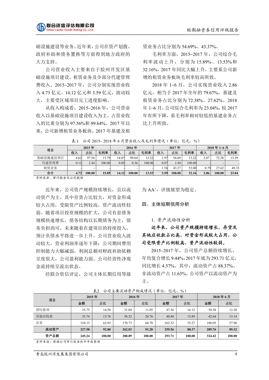 青岛胶州湾发展集团有限公司2019第一期短期融资券主体及债项信用评级报告_第4页